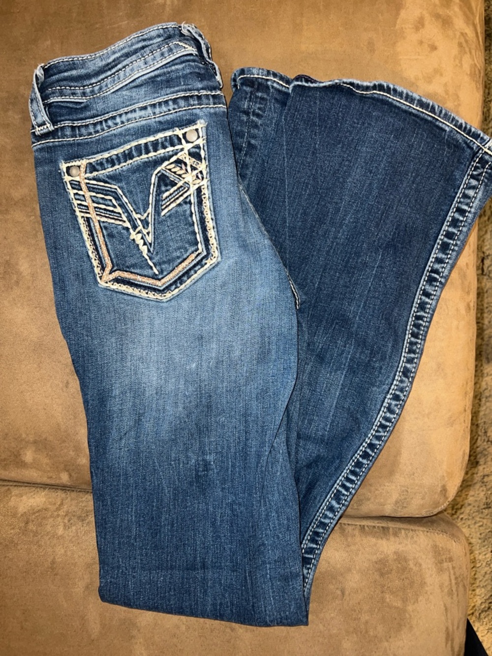 Vigoss Two-Tone Blue Wide Leg Flare Jeans with Embroidered Back Pocket